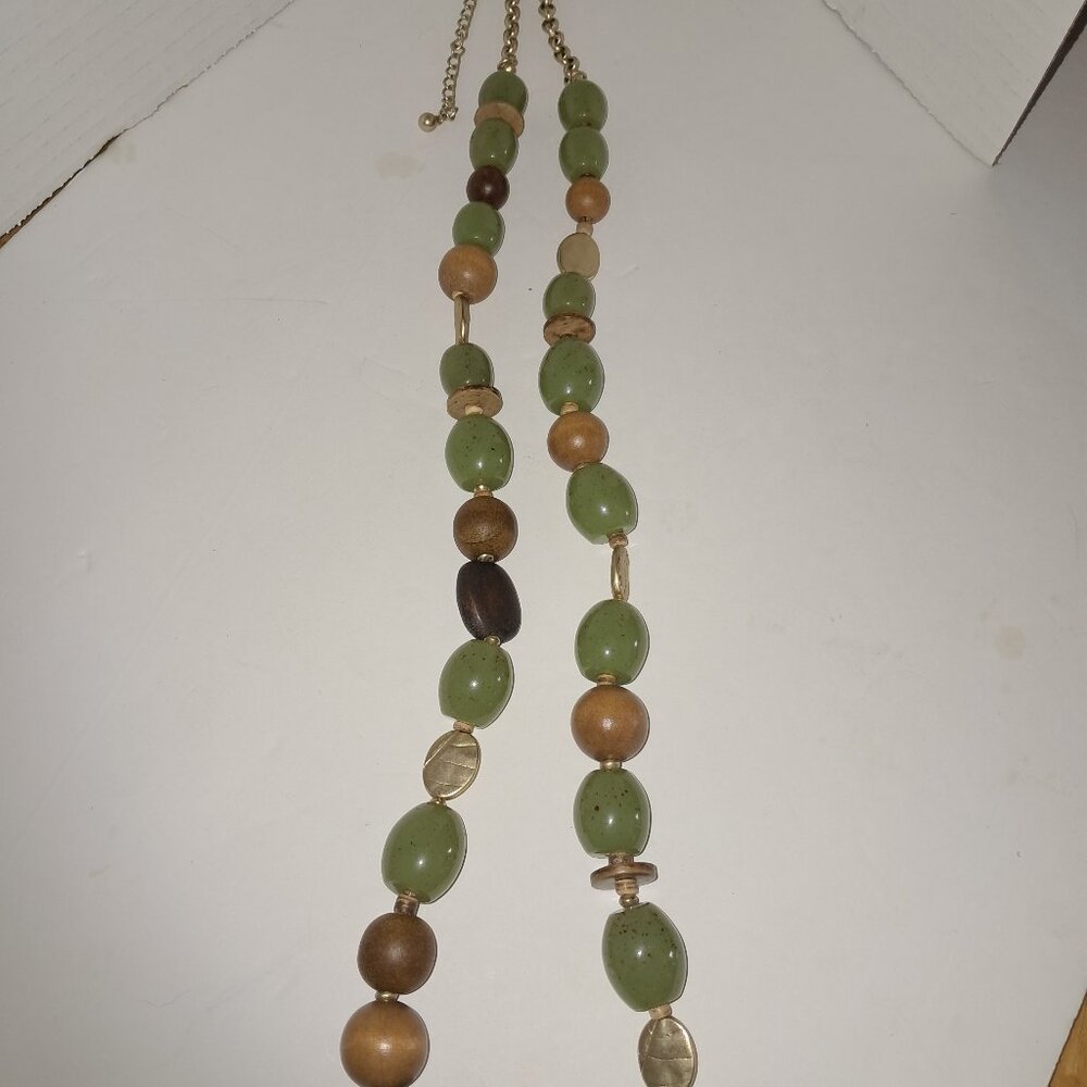 Chicos Chunky Green/Wood Beaded 40 Inches Long Necklace